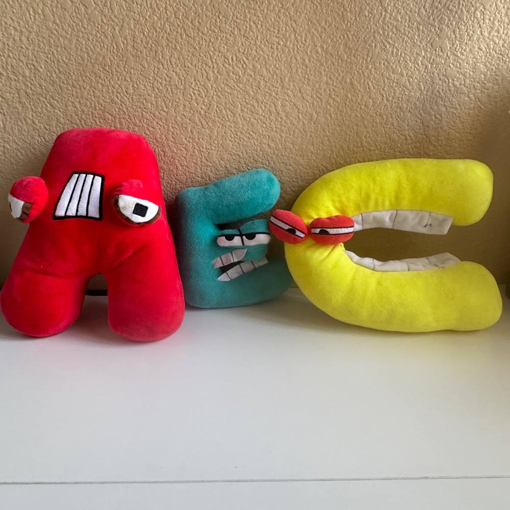 Alphabet Lore Plush Toy Set Letters A E C Stuffed Figures Red Teal Yellow
